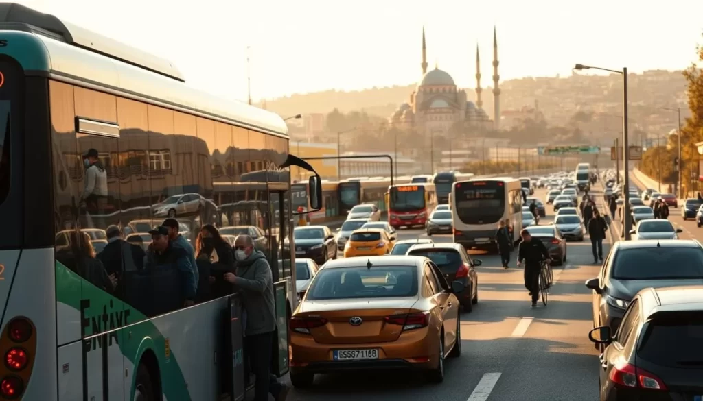 A bustling scene of Bursa's public transportation network. In the foreground, a modern bus, its sleek design and vibrant colors catching the eye. Commuters board and disembark, their movements fluid and purposeful. The middle ground reveals a bustling city street, with taxis, private cars, and pedestrians all navigating the urban landscape. In the background, the iconic Green Mosque and other historical landmarks loom, a testament to Bursa's rich cultural heritage. Warm sunlight bathes the scene, creating a soft, inviting atmosphere. The overall composition captures the efficiency and vibrancy of Bursa's public transportation system, seamlessly integrated into the city's daily life.