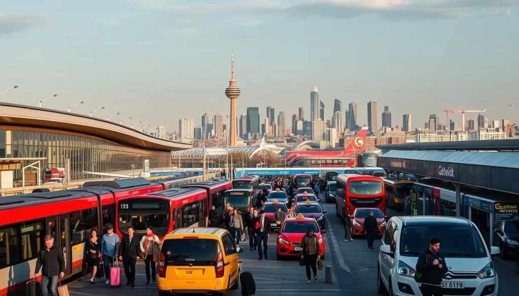 A bustling scene of London's main airport transportation options, with a wide variety of modes depicted in a harmonious, realistic manner. In the foreground, travelers hurry along with their luggage, navigating between trains, buses, and taxis. The middle ground showcases the distinctive architecture of Heathrow and Gatwick airports, their glass facades glistening in the warm afternoon light. In the background, the city skyline rises, a tapestry of iconic landmarks and modern high-rises. The overall atmosphere conveys the efficient connectivity and convenience of London's airport network, set against the vibrant energy of the city.