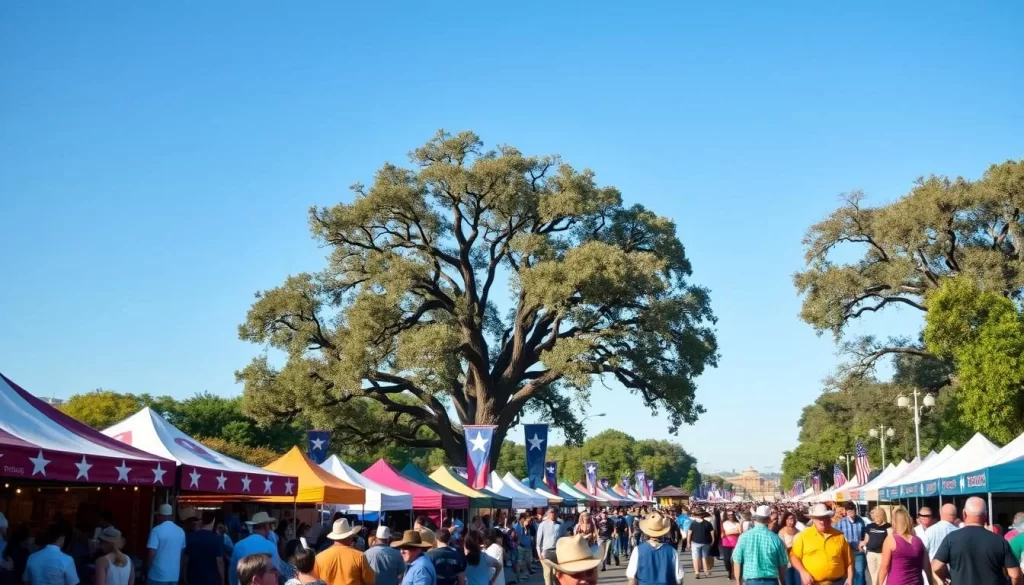 A bustling scene of Texas festivals set against a backdrop of a clear azure sky. In the foreground, lively crowds gather around vibrant food stalls, their scents wafting through the air. Colorful tents and banners adorned with Lone Star motifs line the streets, creating a festive atmosphere. In the middle ground, a marching band in cowboy hats and boots leads a parade, their music echoing through the jubilant throngs. In the distance, towering live oak trees frame the scene, their lush foliage casting a warm, dappled light across the festivities. The mood is one of celebration, community, and the rich cultural heritage of the Lone Star State.
