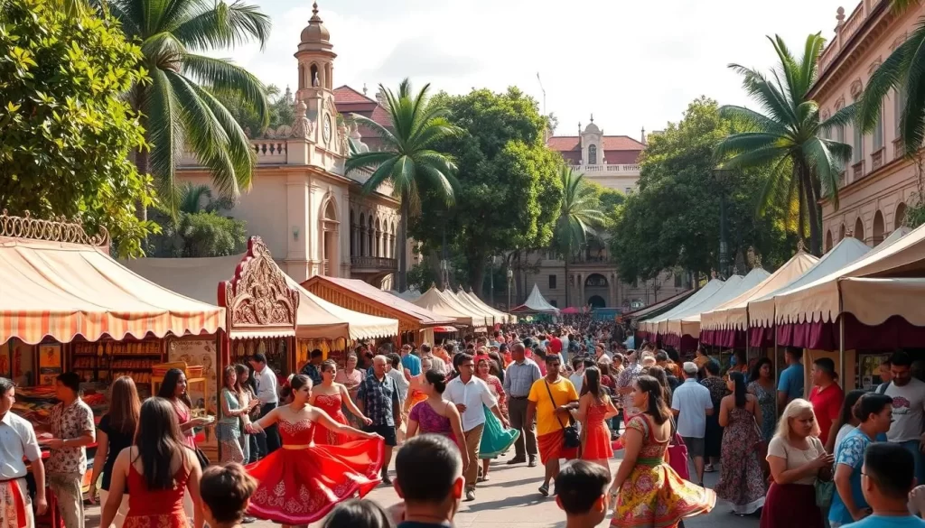 A bustling scene of a vibrant cultural festival in Malaysia on a warm, sunny day. In the foreground, colorfully dressed performers dance and twirl amidst a lively crowd. Mid-frame, ornately decorated stalls offer a variety of traditional crafts, textiles, and delectable street food. In the background, historic buildings and lush tropical foliage create a picturesque backdrop, illuminated by soft, natural lighting. The atmosphere is lively and celebratory, capturing the rich cultural heritage and welcoming spirit of the event.
