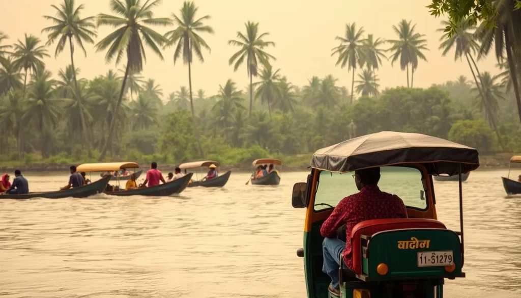 A bustling scene of monsoon transportation in West Bengal, India. In the foreground, a colorful auto-rickshaw navigates through the rain-soaked streets, its passengers huddled under a large umbrella. In the middle ground, a fleet of traditional boats known as 'Bhutbhuti' ferry commuters across a swollen river, their oars slicing through the choppy waters. The background is a lush, verdant landscape, with towering palm trees swaying in the gentle breeze. The lighting is soft and diffused, creating a warm, atmospheric ambiance, reflecting the humid, rainy conditions of the monsoon season. The overall scene conveys a sense of resilience and adaptation as the locals seamlessly move through their daily routines, undeterred by the challenging weather.