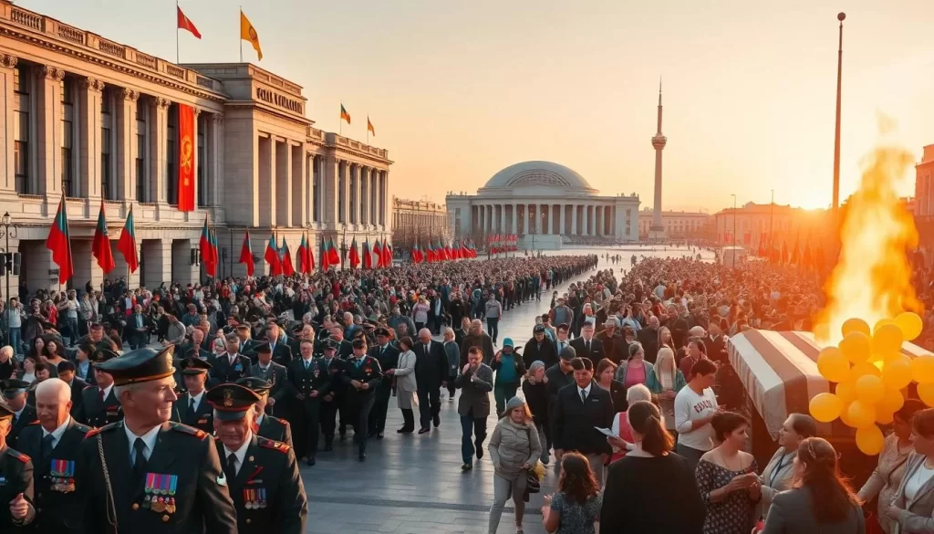 A bustling square adorned with grand Soviet-era architecture, the streets alive with a vibrant sea of people celebrating Victory Day. In the foreground, veterans in crisp uniforms proudly march, their medals glinting in the warm sunlight. Families gather, waving flags and laying flowers at the eternal flame, honoring the immense sacrifices of the past. The middle ground is awash with lively festivities - musicians playing traditional Kazakh melodies, children laughing as they chase colorful balloons, vendors selling fragrant plov and golden baursaks. In the distant background, the looming silhouette of the Astana Opera House stands as a testament to Kazakhstan's rich cultural heritage. Capture the spirit of resilience, pride, and community that defines this momentous occasion.