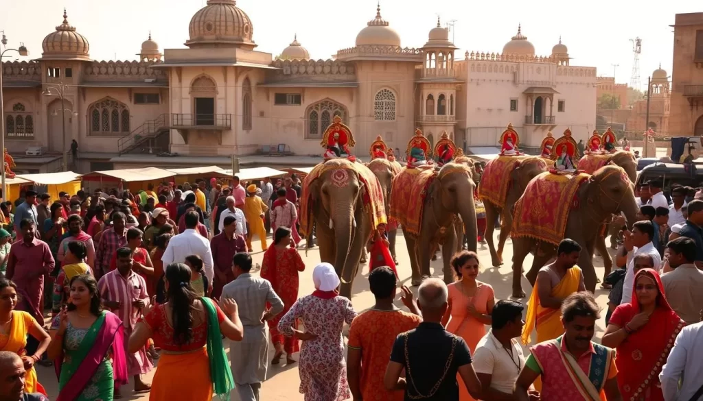 A bustling street festival in Rajasthan, India on a sunny day. In the foreground, colorfully dressed locals dance and celebrate, their vibrant garments and lively movements capturing the joyous atmosphere. In the middle ground, a procession of elaborately decorated elephants and camels passes by, their intricate ornamentation and graceful strides adding to the festive ambiance. The background features traditional architecture, with domed roofs and ornate windows framing the scene. Warm, golden lighting bathes the entire landscape, evoking a sense of warmth and vitality. The overall composition conveys the rich cultural heritage and exuberant spirit of Rajasthani festivals.