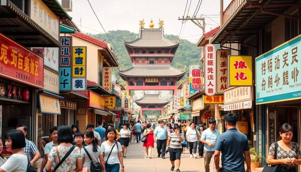 A bustling street in Changhua County, Taiwan, showcasing the vibrant linguistic diversity of the region. In the foreground, pedestrians of various ethnicities converse animatedly, their voices blending into a harmonious chorus. Colorful storefronts and signage in multiple scripts - Mandarin, Taiwanese, and indigenous languages - line the middle ground, creating a visually rich tapestry. In the background, a towering temple rises, its intricate architecture a testament to the cultural heritage of the area. The scene is bathed in warm, golden light, capturing the inviting atmosphere of this dynamic, multilingual community.