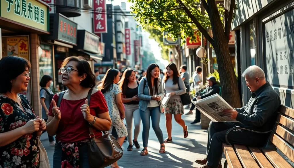 A bustling street in Changhua County, Taiwan, with locals going about their daily lives. In the foreground, two women converse animatedly in Taiwanese Hokkien, their lively gestures and expressions capturing the rhythmic flow of the language. In the middle ground, a group of teenagers playfully bantering in Hakka, their laughter ringing out against the backdrop of neon-lit storefronts. Further back, an elderly man sits on a bench, quietly reading a newspaper in Mandarin Chinese, the sunlight casting a warm glow over the scene. The overall atmosphere is one of vibrant multilingualism, reflecting the rich diversity of Changhua County's linguistic landscape.
