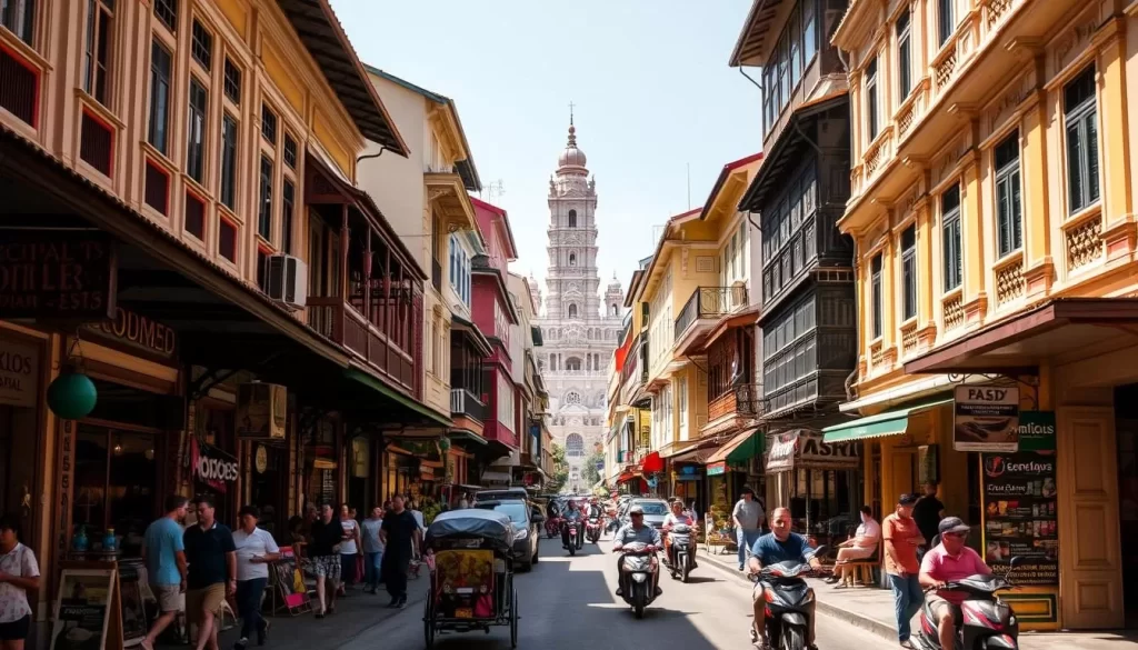 A bustling street in George Town, Penang, Malaysia, on a sunny day. Narrow colorful shophouses line the sidewalks, their intricate facades casting soft shadows. Pedestrians stroll along the shaded walkways, browsing local shops and food stalls. Rickshaws and motorcycles weave through the light traffic, adding to the lively atmosphere. In the distance, a historic temple or mosque stands tall, its ornate architecture visible through the gaps between buildings. The scene is bathed in warm, golden light, capturing the distinct heritage and vibrant energy of this UNESCO World Heritage Site.