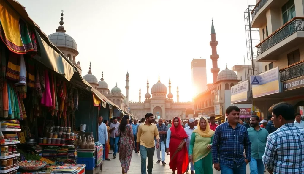 A bustling street in Gujarat, India, with various languages spoken by the locals. In the foreground, a vibrant market stall showcases an array of colorful fabrics, wares, and spices, reflecting the diverse cultural tapestry. In the middle ground, pedestrians of different ethnicities converse in their native tongues, such as Gujarati, Hindi, Urdu, and English. The background features a blend of traditional and modern architecture, with domes, minarets, and towering skyscrapers, all bathed in the warm glow of a golden afternoon sun. The scene exudes an atmosphere of cultural harmony and linguistic diversity, capturing the essence of the "Other Languages Spoken in Gujarat."