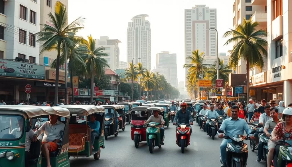A bustling street in Hat Yai city, Thailand, with a variety of local transportation options. In the foreground, colorful tuk-tuks and motorbikes navigate the lively traffic. In the middle ground, pedestrians and vendors fill the sidewalks, creating a vibrant atmosphere. In the background, tall buildings and palm trees frame the scene, reflecting the warm, tropical climate. The lighting is natural and golden, creating a pleasant, inviting ambiance. Capture the dynamic energy and diverse modes of transportation that characterize the city's daily life.