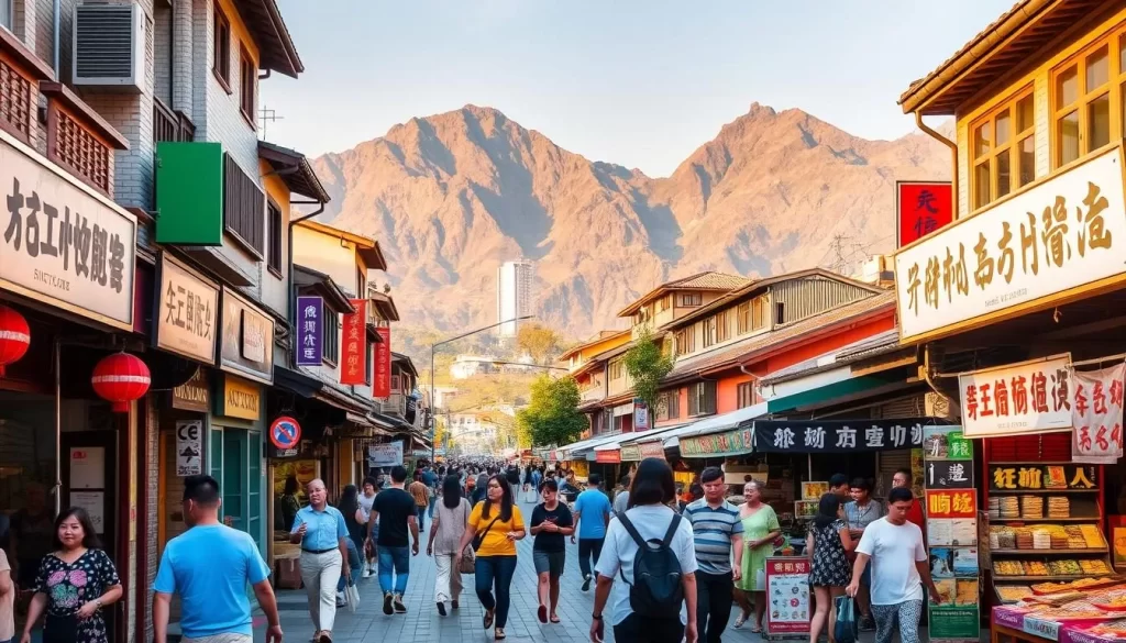 A bustling street in Hsinchu County, Taiwan, lined with traditional Taiwanese Hokkien-style architecture. In the foreground, pedestrians stroll past vibrant storefronts, their conversations a harmonious blend of Taiwanese Hokkien and Mandarin. The mid-ground showcases a lively market, vendors hawking their wares in a tapestry of regional dialects. In the background, the towering mountains of the Hsinchu landscape provide a majestic natural backdrop, the warm sunlight casting a golden glow over the scene. The overall atmosphere is one of cultural richness and linguistic diversity, capturing the essence of this Taiwanese county.