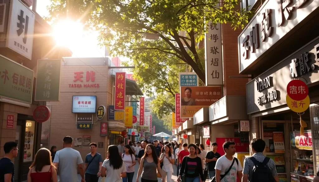 A bustling street in Hsinchu County, Taiwan, with vibrant displays of Chinese, Taiwanese, and English signage. Pedestrians of diverse ethnicities navigate the lively scene, immersed in the linguistic tapestry that defines the region. Warm sunlight filters through the trees, casting a golden glow on the bustling storefronts and street vendors. The camera captures this dynamic and multicultural landscape, reflecting the linguistic diversity that characterizes the Hsinchu County experience.