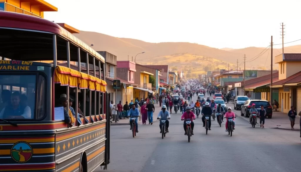 A bustling street in Iringa, Tanzania, lined with vibrant buildings and bustling with locals and travelers. In the foreground, a traditional Tanzanian bus, colorfully decorated, waits to ferry passengers to their destinations. The mid-ground features a mix of pedestrians, bicycles, and small vehicles navigating the lively scene. In the background, rolling hills and a clear, blue sky create a picturesque backdrop, illuminated by warm, golden sunlight. The overall atmosphere exudes a sense of energy, culture, and the excitement of transportation and discovery.