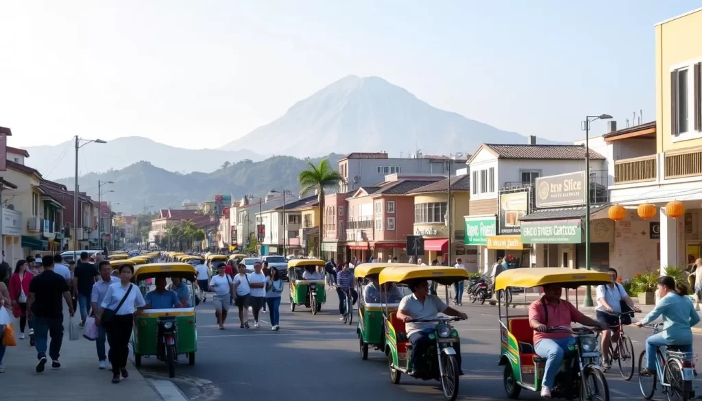A bustling street in Miaoli, Taiwan, on a pleasant day. In the foreground, people stroll along the sidewalk, carrying shopping bags and chatting animatedly. Colorful tuk-tuks and bicycles weave through the traffic, offering convenient transportation options. In the middle ground, a mix of traditional and modern architecture lines the street, their vibrant facades casting warm, diffused light. In the background, a towering mountain range rises, its peaks shrouded in a hazy blue-gray mist. The scene exudes a lively, festive atmosphere, capturing the essence of getting around Miaoli during a local celebration.