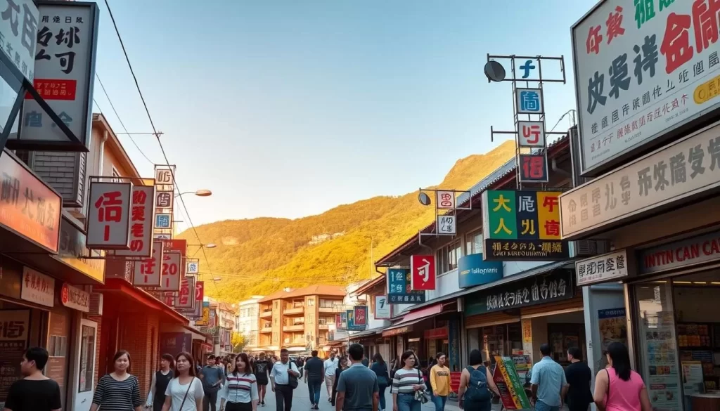 A bustling street in Nantou County, Taiwan, with various signages and storefronts showcasing diverse languages - English, Mandarin Chinese, and other foreign tongues. Warm sunlight filters through the scene, illuminating the vibrant facades and capturing the multicultural ambiance. In the foreground, pedestrians of different nationalities stroll by, engaged in animated conversations. The middle ground features a mix of traditional and modern architecture, hinting at the region's cultural blend. In the background, lush green hills rise, providing a picturesque natural backdrop to this cosmopolitan setting. The lens captures a wide, cinematic view, inviting the viewer to immerse themselves in the rich linguistic tapestry of Nantou County.