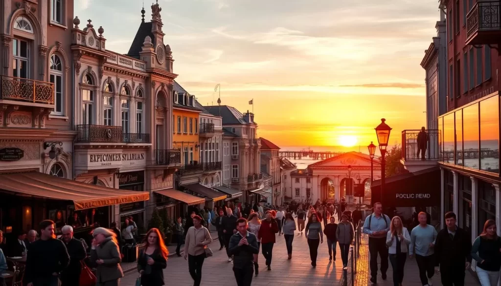 A bustling street in Sopot, Poland, bathed in the warm glow of evening light. Elegant, art nouveau-style buildings line the sidewalks, their facades adorned with intricate details. Pedestrians stroll along the promenade, weaving between outdoor cafes and lively pubs. The air is filled with the sounds of laughter, chatter, and the lively beats of live music. In the distance, the iconic Sopot Pier stretches out towards the Baltic Sea, its silhouette visible against the vibrant sunset sky. The overall atmosphere exudes a sense of energy, sophistication, and the unique character of this beloved Polish resort town.