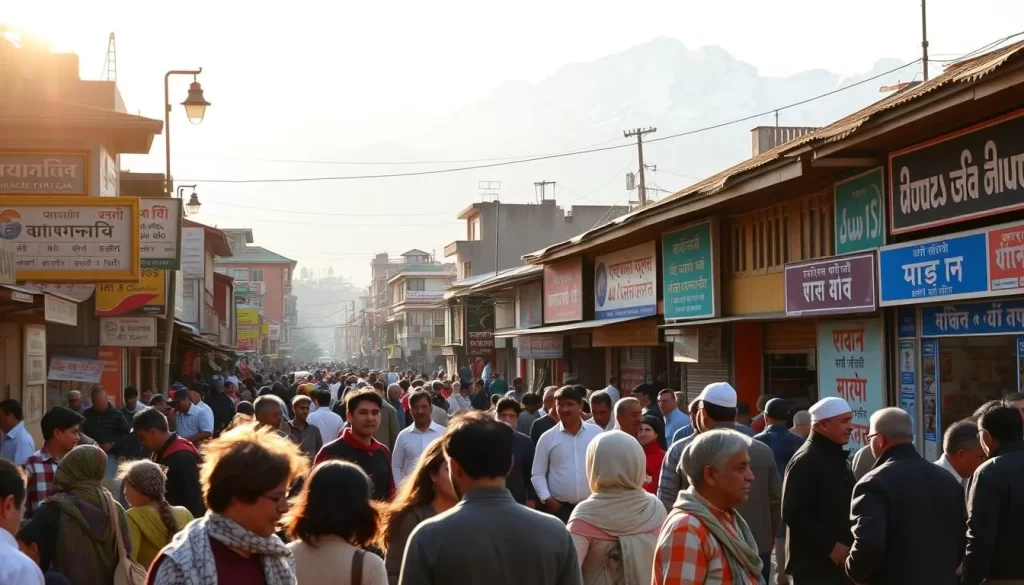 A bustling street in Srinagar, Kashmir, showcasing the linguistic diversity of the region. In the foreground, people of various ethnicities converse in Kashmiri, Dogri, Ladakhi, and Urdu, their voices mingling with the gentle hum of daily life. The middle ground features colorful storefronts and signage in multiple scripts, including Devanagari, Perso-Arabic, and Tibetan. In the background, the majestic Himalayas loom, a stunning natural backdrop to this vibrant cultural tapestry. Warm, golden sunlight filters through the scene, creating a sense of harmony and peaceful coexistence among the different linguistic communities.