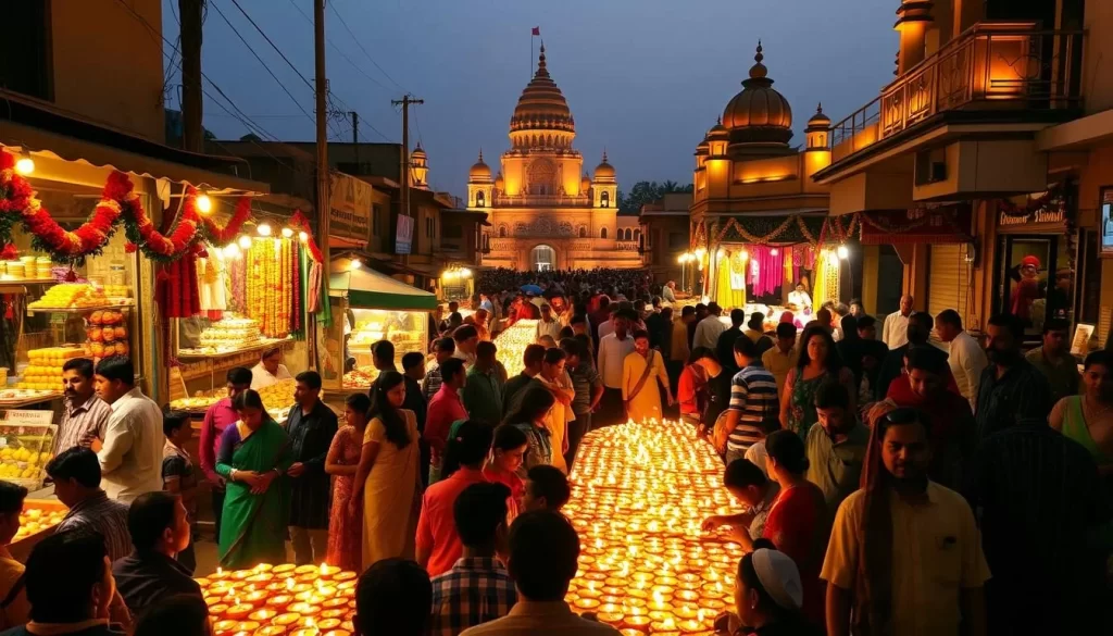 A bustling street in Uttar Pradesh during the Diwali festival. In the foreground, people gather around brightly lit clay lamps, their colorful traditional attire creating a vibrant scene. In the middle ground, vendors sell an array of sweets, flowers, and diyas, their stalls adorned with garlands and twinkling lights. The background showcases the ornate architecture of local temples, their domes and spires silhouetted against the evening sky. Warm, golden lighting illuminates the festivities, casting a cozy, celebratory atmosphere. Capture the energy and cultural richness of this Diwali celebration in Uttar Pradesh.