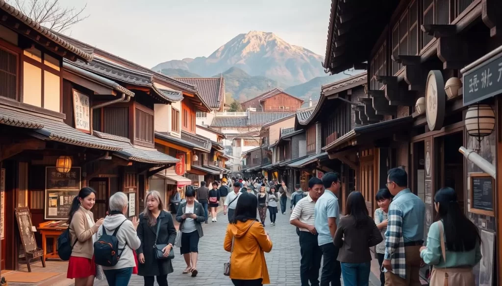 A bustling street in a historic Korean town, with traditional hanok houses and shops lining the cobblestone paths. In the foreground, a group of people converse animatedly, their gestures and expressions showcasing the vibrant cultural influences that have shaped the Korean language. The middle ground features a mix of modern and traditional architecture, reflecting the evolving nature of the language. In the background, a majestic mountain range rises, a natural backdrop to the scene, symbolizing the deep-rooted traditions that underpin the linguistic diversity of the region. Soft, warm lighting illuminates the scene, creating a welcoming and immersive atmosphere.