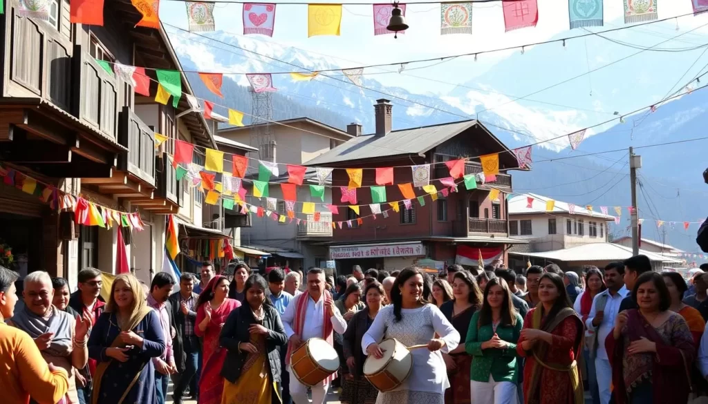 A bustling street in a quaint Himalayan town, adorned with colorful flags and festive decorations. People in traditional attire dance to the rhythm of drums and bells, their laughter and cheer filling the air. In the background, snow-capped peaks frame the scene, creating a picturesque backdrop for the vibrant celebration. Soft natural lighting illuminates the festive atmosphere, capturing the warmth and energy of a Himachal Pradesh festival.