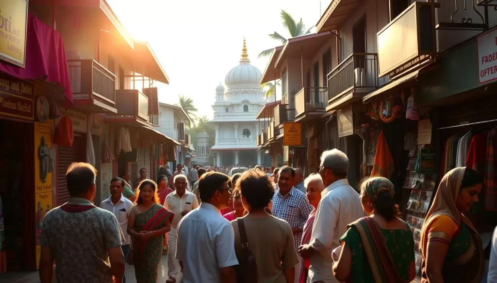 A bustling street in a quaint Kerala town, with vibrant storefronts and pedestrians of diverse backgrounds conversing in a symphony of languages. The sun casts a warm glow, illuminating the intricate architectural details and the colorful fabrics adorning the shop windows. In the middle ground, a group of locals engage in lively discussions, their gestures and expressions reflecting the rich cultural tapestry of the region. In the background, a serene temple or mosque stands as a testament to the religious harmony that permeates the community. The scene conveys a sense of harmony and celebration of the linguistic diversity that thrives in this southern Indian state.