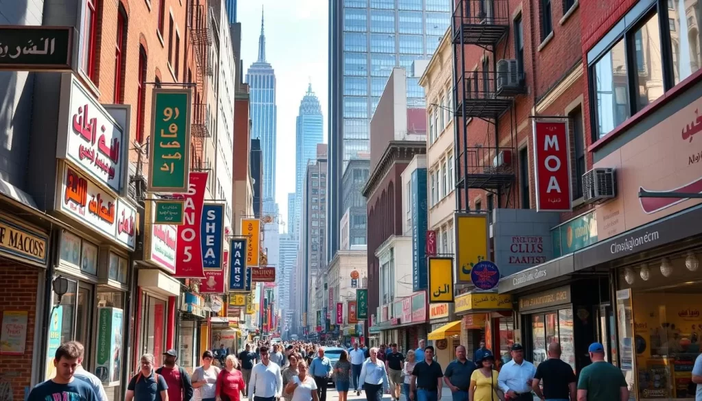 A bustling street in a vibrant New York neighborhood, filled with the sights and sounds of Arabic-speaking communities. In the foreground, colorful storefronts and signage in Arabic script catch the eye, inviting passersby to explore. Pedestrians of diverse backgrounds mingle, adding to the lively atmosphere. The middle ground features a mix of modern and traditional architecture, creating a visually captivating blend. In the background, skyscrapers and iconic landmarks of the city skyline rise, framing the scene. Warm, natural lighting bathes the area, highlighting the cultural richness and energy of this dynamic urban setting.
