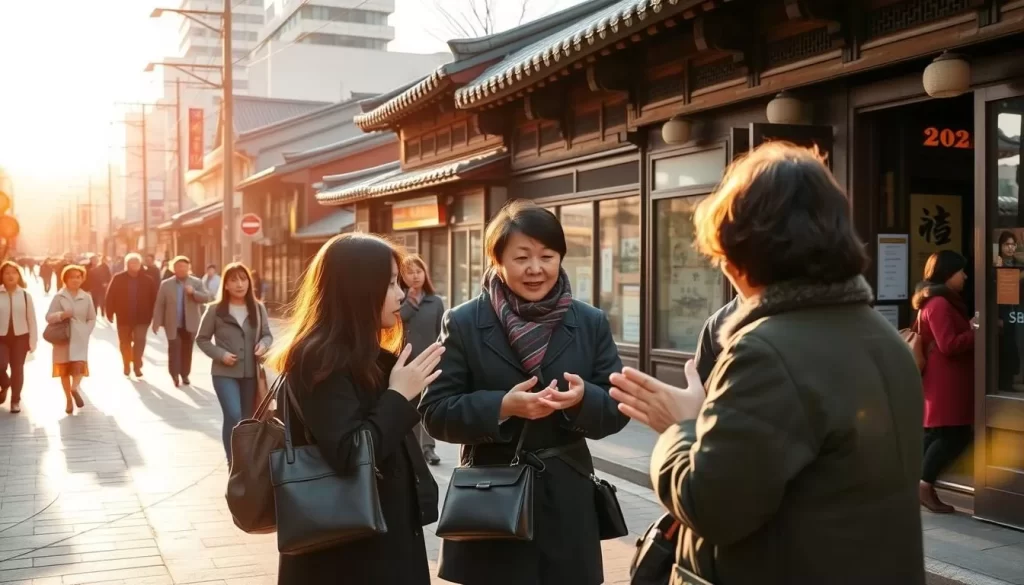 A bustling street in a vibrant South Korean city, with pedestrians navigating the sidewalks and traditional hanok buildings lining the background. In the foreground, a group of locals engaged in polite conversation, exhibiting the country's renowned etiquette - subtle nods, gentle hand gestures, and soft-spoken words. The scene is bathed in warm, golden sunlight, creating a welcoming atmosphere. A sense of cultural harmony and respect pervades the image, capturing the essence of practical travel tips for North Gyeongsang Province.
