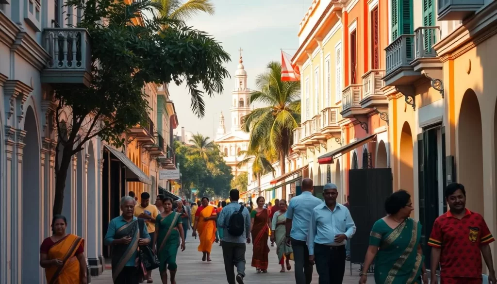A bustling street in historic Pondicherry, bathed in warm afternoon light. Charming French colonial architecture lines the sidewalks, their colorful facades casting intricate shadows. Locals stroll by, conversing in a harmonious blend of Tamil and French dialects. In the distance, a church spire rises, a testament to the region's diverse cultural heritage. The scene exudes a sense of timeless elegance, capturing the essence of Puducherry's linguistic evolution over the centuries.