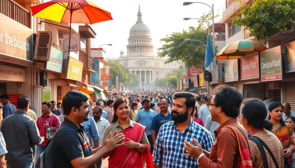 A bustling street in the heart of Chandigarh, India, where Hindi speakers gather. Vibrant storefronts, colorful umbrellas, and the rhythmic chatter of the crowd fill the scene. In the foreground, a group of friends converse animatedly, their hands gesturing as they share stories. The middle ground features a diverse mix of people - office workers, students, and families - exploring the lively marketplace. In the background, towering modern buildings and the iconic Capitol Complex stand as a testament to Chandigarh's unique blend of tradition and modernity. Warm afternoon sunlight casts a golden glow, highlighting the energy and camaraderie of the Hindi-speaking community.