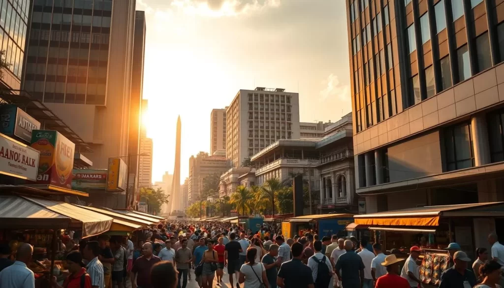 A bustling street in the heart of Jakarta, Indonesia's vibrant capital. Towering skyscrapers and colonial-era buildings stand tall, casting long shadows over the lively crowds below. Vibrant street vendors offer fragrant local delicacies, while the sound of honking horns and chatter fills the air. The warm, golden sunlight filters through the cityscape, creating a lively, energetic atmosphere. In the distance, the iconic silhouette of the Monas Monument can be seen, a symbol of the nation's independence. The scene captures the dynamic, multicultural spirit of this extraordinary city, inviting the viewer to explore its rich history and diverse culture.