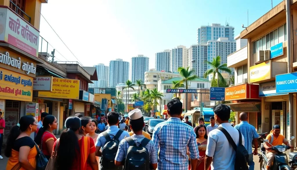 A bustling street in the heart of Kerala, India, where the influence of the English language is evident. In the foreground, a group of students engage in a lively discussion, their attire reflecting a blend of traditional and modern styles. The middle ground showcases colorful storefronts, their signage featuring a mix of Malayalam and English scripts. In the background, the skyline is dotted with modern high-rises, a testament to the region's economic growth and global connectivity. Warm sunlight bathes the scene, creating a sense of vibrancy and opportunity. The overall atmosphere conveys the integration of English as a language of education, commerce, and upward mobility within the diverse cultural fabric of Kerala.