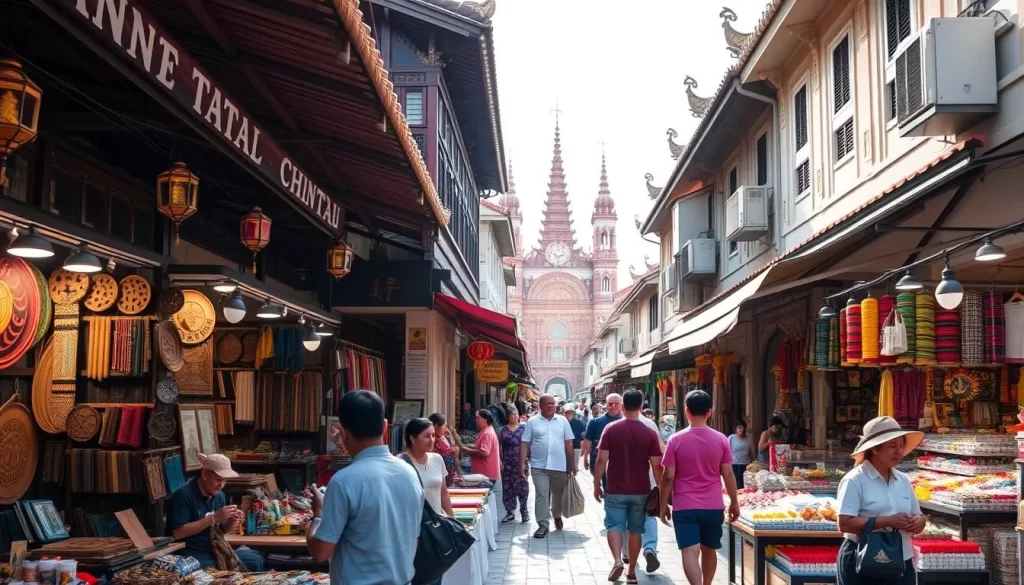 A bustling street in the heart of Kuala Terengganu, Malaysia, lined with vibrant stalls and shops showcasing the rich cultural heritage of the region. In the foreground, artisans demonstrate traditional crafts, such as intricate batik-making and woodcarving. The middle ground features a lively market, where locals and visitors browse an array of colorful textiles, fragrant spices, and handcrafted souvenirs. In the background, the distinctive architecture of the historic Chinatown district stands tall, its ornate facades and roofs reflecting the sun's warm rays. The scene is filled with the sounds of haggling, laughter, and the delightful aromas of local cuisine, creating an immersive cultural experience.