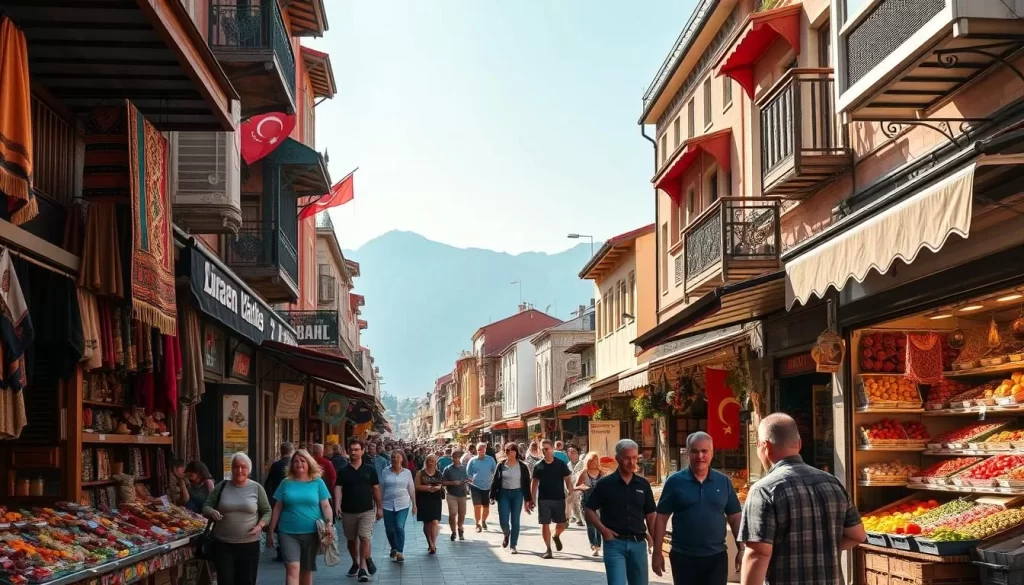 A bustling street in the heart of Trabzon, Turkey, lined with vibrant storefronts and local vendors. Shoppers wander through the lively open-air market, browsing handcrafted textiles, colorful spices, and fresh produce. The sun casts a warm glow over the scene, highlighting the intricate architecture and the friendly faces of the merchants. In the distance, the majestic Karadeniz Mountains provide a stunning backdrop, while the sound of haggling and the aroma of Turkish delicacies fill the air, creating an immersive and authentic shopping experience.