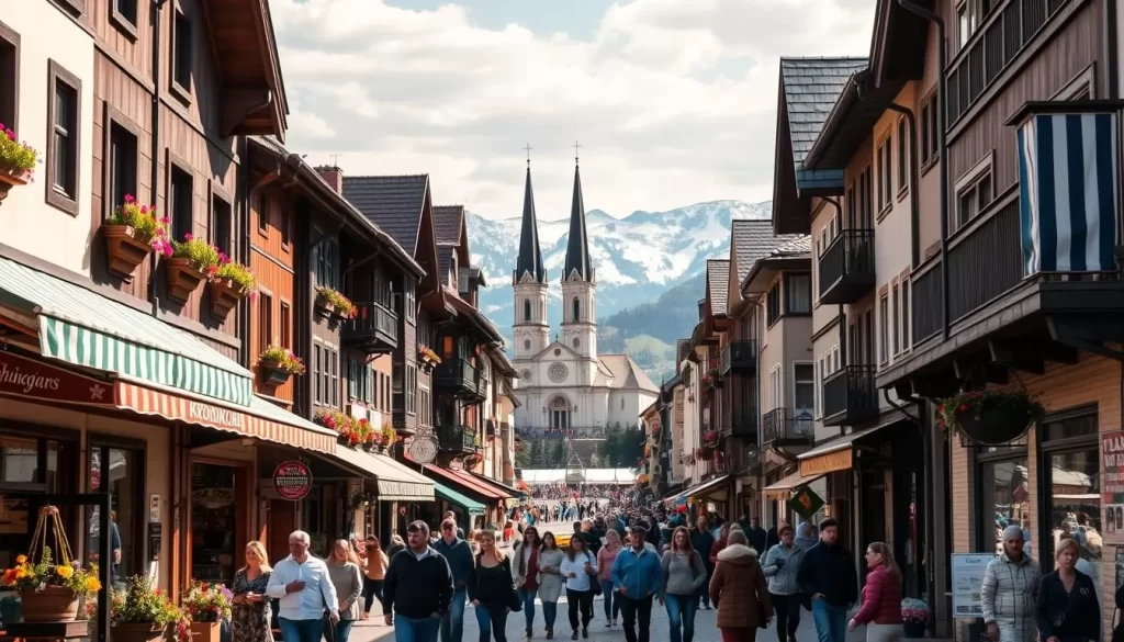 A bustling street in the heart of Zakopane, Poland, Krupówki Street comes alive with vibrant shops, cafes, and locals strolling under the warm sun. Capture the quaint, mountain-town atmosphere with traditional wooden architecture lining the street, adorned with colorful awnings and blooming flower boxes. In the foreground, showcase the lively foot traffic of tourists and residents, creating a sense of energy and vitality. In the middle ground, highlight the central square, where a grand church stands tall, its spires reaching skyward. In the background, frame the majestic Tatra Mountains, their snow-capped peaks creating a dramatic and picturesque backdrop. Employ a wide-angle lens to capture the full breadth of the scene, with soft, diffused lighting casting a warm glow over the entire composition.