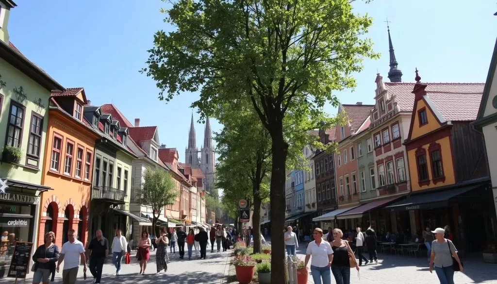 A bustling street in the historic Nadodrze neighborhood of Wrocław, Poland. Colorful buildings line the sidewalks, their facades adorned with intricate architectural details. Pedestrians stroll past quaint shops and cafes, lively conversations filling the air. Dappled sunlight filters through the trees, casting a warm glow over the scene. In the distance, the spires of historic churches reach toward the clear blue sky. The atmosphere is one of vibrant local culture and community, inviting the viewer to explore the unique charm of this Wrocław neighborhood.