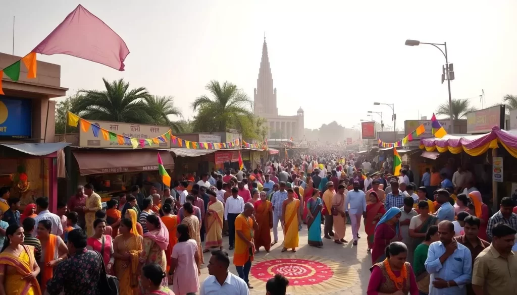 A bustling street scene in Chandigarh, India, filled with vibrant colors and lively festivities. In the foreground, a crowd of people dressed in traditional attire celebrate with music, dance, and delicious street food. Colorful flags and banners flutter in the gentle breeze, casting a warm glow across the scene. In the middle ground, intricate rangoli patterns adorn the ground, their vibrant designs drawing the eye. Towering in the background, the iconic modernist architecture of Chandigarh provides a stunning backdrop, bathed in the soft light of a clear day. The atmosphere is one of joy, community, and cultural heritage, capturing the essence of Chandigarh's top festivals.