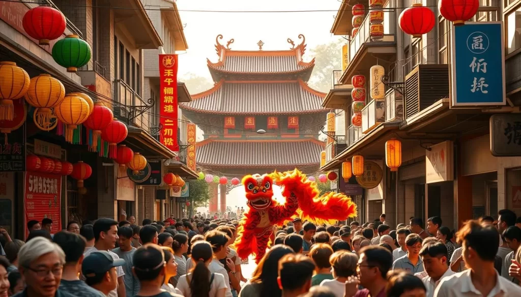 A bustling street scene in Chiayi County, Taiwan, during a lively festival. In the foreground, colorful lanterns and decorations hang from the buildings, casting a warm glow over the crowd of people. In the middle ground, a traditional Taiwanese lion dance performance unfolds, with acrobatic dancers in vibrant costumes. In the background, an ornate temple stands as a testament to the region's cultural heritage. Warm sunlight filters through the scene, creating a vibrant and celebratory atmosphere. Capture the energy and diversity of Chiayi County's festival culture in a detailed, photorealistic style.