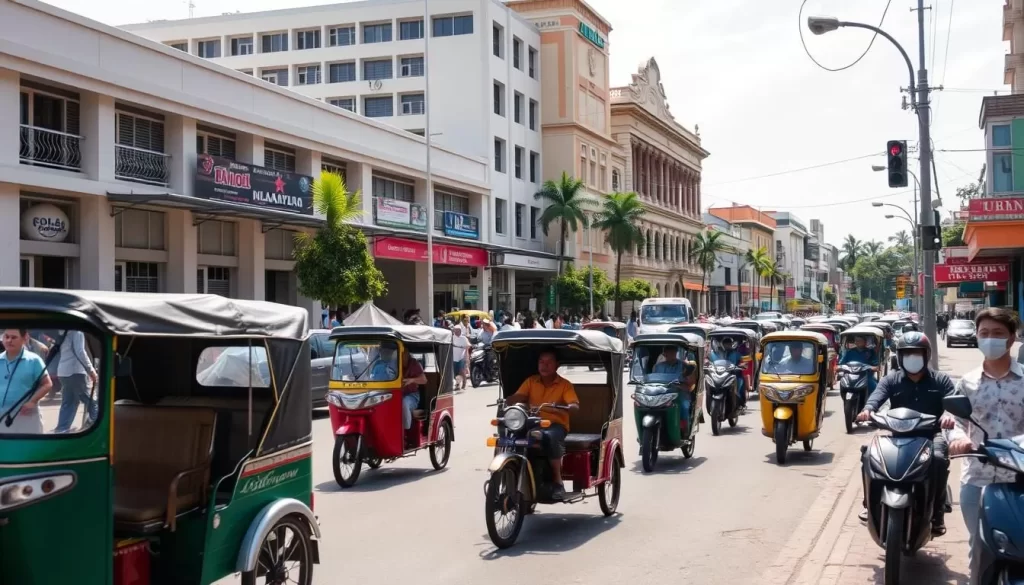 A bustling street scene in Kuala Terengganu, Malaysia, captured on a sunny afternoon. In the foreground, a variety of colorful local transportation options are visible, including traditional rickshaws, tuk-tuks, and motorbikes, conveying a sense of the city's vibrant and diverse mobility. In the middle ground, pedestrians stroll along the sidewalks, providing a lively human element to the composition. The background features a mix of modern and colonial-era architecture, showcasing the city's unique blend of old and new. The lighting is warm and natural, creating a pleasant, inviting atmosphere. The overall scene captures the essence of Kuala Terengganu's practical and accessible transportation options, complementing the article's focus on travel tips for visiting this vibrant Malaysian city.