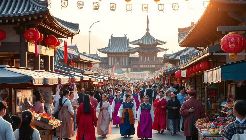 A bustling street scene in North Jeolla Province, South Korea, showcasing vibrant traditional festivals. Crowds of people dressed in colorful Korean hanbok robes stroll past ornate pavilions and pagodas, lanterns and streamers adding to the festive atmosphere. In the foreground, vendors sell local delicacies and craft wares, their stalls overflowing with vibrant reds, blues, and golds. Soft, warm lighting from the afternoon sun bathes the scene, creating a serene, celebratory mood. Capture the energy and cultural heritage of this picturesque Korean province.