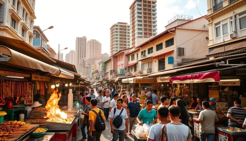 A bustling street scene in Penang, Malaysia, capturing the vibrant culinary delights. In the foreground, an array of colorful hawker stalls and food carts offer an enticing array of local delicacies - from sizzling satay skewers and steaming bowls of laksa to delectable char kway teow and freshly fried roti canai. The middle ground features a throng of hungry locals and curious tourists, navigating the lively atmosphere. In the background, a mix of traditional shop houses and modern buildings create a visually striking backdrop, bathed in the warm, golden light of a sunny day. The overall scene exudes the energetic, multicultural spirit of Penang's renowned street food scene, a true food lover's paradise.