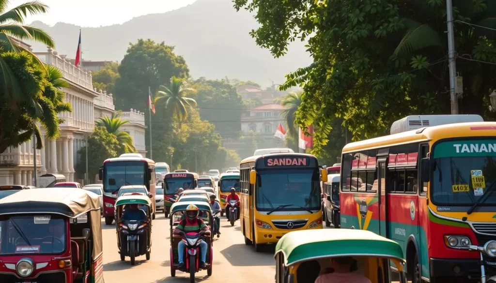 A bustling street scene in Sandakan, Malaysia, with a vibrant mix of local transportation options. In the foreground, colorful tuk-tuks and motorbikes weave through the traffic, while in the middle ground, a mix of modern and vintage buses and vans ferry passengers. The background is filled with a blend of colonial-style buildings and lush, verdant foliage, bathed in warm, golden sunlight. The overall atmosphere conveys the dynamic, yet laid-back energy of Sandakan's transportation network, inviting the viewer to explore the city's sights and sounds.