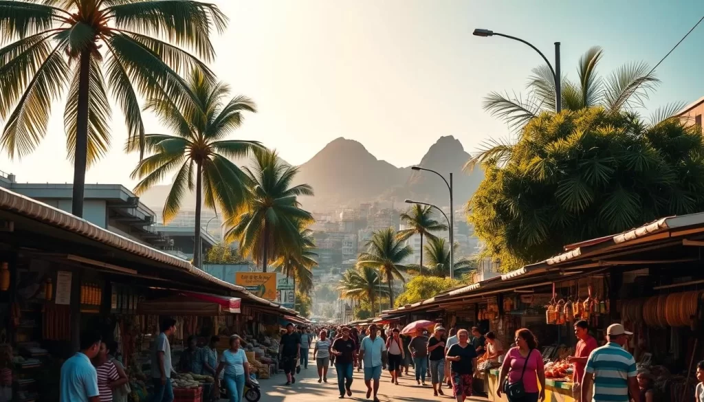A bustling street scene in Tawau, Malaysia, captured on a sunny afternoon. In the foreground, locals browse colorful market stalls, showcasing an array of fresh produce and handcrafted goods. In the middle ground, towering palm trees sway gently, casting dappled shadows on the lively pedestrians below. In the background, the iconic hills of Tawau rise majestically, framing the vibrant urban landscape. The scene is bathed in warm, golden light, creating a sense of energy and vitality. The image conveys the essence of Tawau's vibrant culture and the inviting atmosphere of this charming Malaysian city.