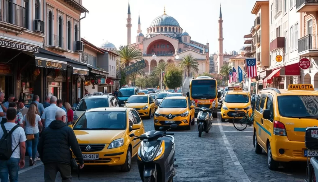 A bustling street scene in Trabzon, Turkey, showcasing the city's vibrant transportation. In the foreground, a mix of locals and tourists navigate the cobblestone streets, with traditional tradesmen's shops and cafes lining the sidewalks. In the middle ground, a variety of vehicles come into view - from colorful dolmuş (shared taxis) and iconic Turkish yellow taxis to electric scooters and bicycles. In the background, the iconic architecture of Trabzon, including the majestic Hagia Sophia Cathedral, creates a picturesque backdrop. The scene is bathed in warm, natural lighting, captured through a wide-angle lens to convey a sense of energy and activity. The overall mood is one of a bustling, yet charming, city offering a unique blend of old and new.
