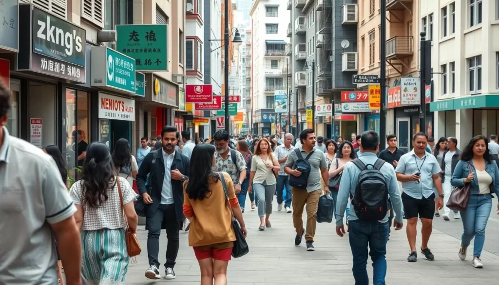 A bustling street scene in a diverse urban neighborhood, with pedestrians of varying ethnicities and ages navigating the sidewalk. In the foreground, a group of individuals engaged in lively conversation, their body language indicating a mix of confidence and hesitation as they communicate. The middle ground features small businesses, their signs and advertisements in multiple languages, reflecting the linguistic diversity of the community. In the background, a mix of modern and historic architecture provides a visually interesting backdrop. The overall lighting is soft and natural, creating a sense of warmth and inclusivity. The mood is one of cross-cultural exchange and the challenges of navigating a new linguistic landscape.