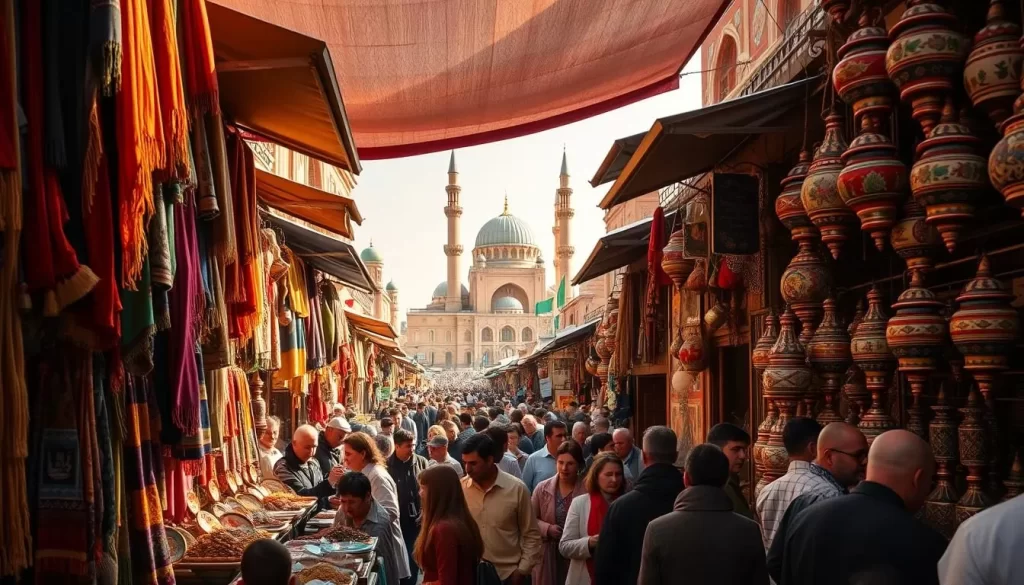 A bustling street scene in an Uzbek marketplace, vibrant with the colors and textures of the "Silk and Spices Festival". In the foreground, vendors display their wares - handwoven silk scarves, fragrant spices, and intricate ceramics. Middle ground is filled with lively crowds, haggling and sampling the delicacies on offer. In the background, domed mosques and minarets peek out, bathed in warm, golden light. A sense of energy, celebration, and cultural richness pervades the scene, inviting the viewer to immerse themselves in the sights, sounds, and aromas of this iconic Central Asian event.