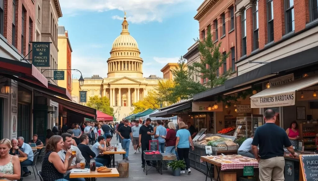 A bustling street scene in downtown Madison, Wisconsin, showcasing the vibrant food scene. In the foreground, people dining al fresco at cozy cafes and bistros, enjoying local cuisine and craft beverages. In the middle ground, a farmers' market with vendors offering an abundance of fresh produce, artisanal baked goods, and specialty foods. In the background, the iconic State Capitol building and other historic architecture, bathed in warm, golden afternoon light. The atmosphere is lively, with a sense of community and local pride. Capture the energy, diversity, and culinary delights that make Madison a top destination for food lovers.