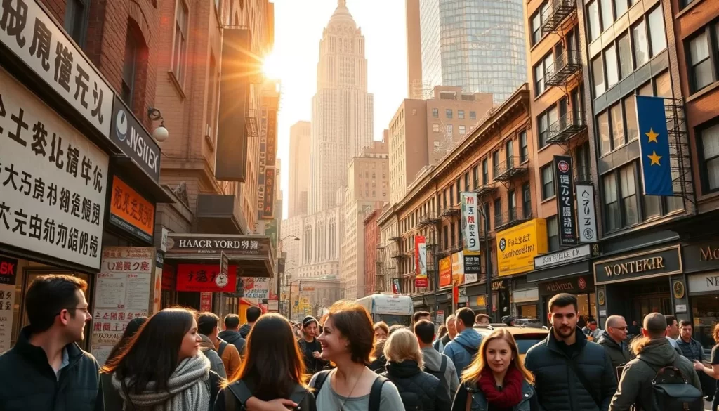 A bustling street scene in lower Manhattan, showcasing the linguistic diversity of New York City. In the foreground, a group of pedestrians converse animatedly in various languages, their faces and gestures reflecting the vibrant exchange. In the middle ground, storefront signs and window displays feature an array of scripts and alphabets, from Cyrillic to Mandarin to Arabic. The background is a towering cityscape, its skyscrapers and brownstones a testament to the city's multicultural heritage. Warm sunlight filters through, casting a golden glow and creating a sense of vitality and opportunity. The overall atmosphere is one of a true linguistic melting pot, where diverse cultures and tongues converge to form the unique tapestry of New York.