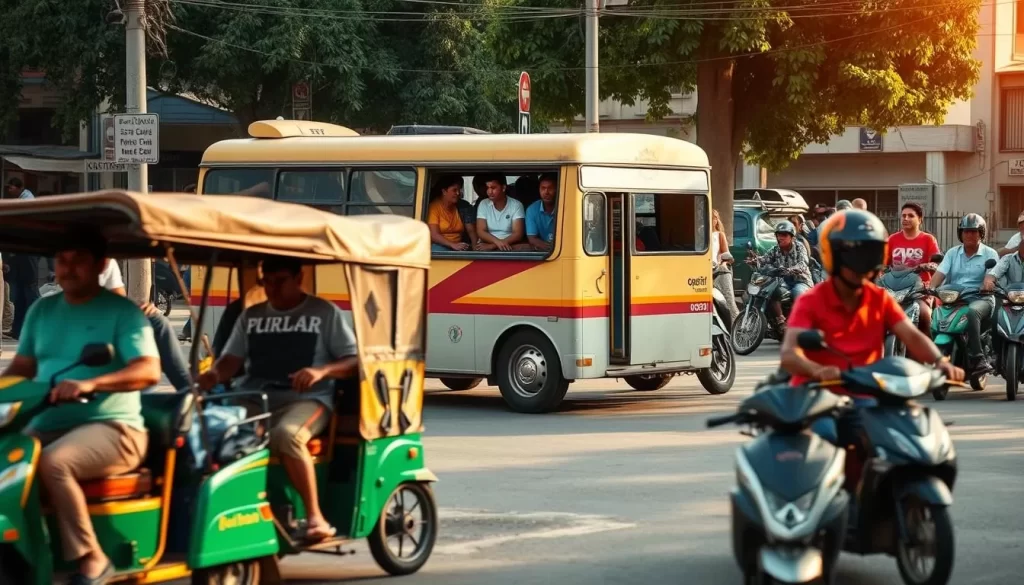 A bustling street scene in the heart of Dili, the capital of Timor-Leste, showcasing the diverse transportation options available. In the foreground, a colorful fleet of motorized becak (three-wheeled pedicabs) ferries passengers through the lively streets. In the middle ground, a group of local residents board a sturdy, well-maintained minibus, the primary mode of public transportation. In the background, a few traditional ojek (motorcycle taxis) weave through the traffic, their riders offering a more nimble and personalized service. The scene is bathed in warm, golden sunlight, capturing the vibrant energy and character of Timor-Leste's urban mobility.