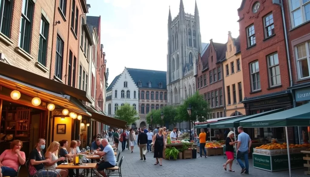 A bustling street scene in the heart of Leuven, Belgium, showcasing the vibrant culinary culture. In the foreground, an open-air café with patrons enjoying local dishes and craft beers. The middle ground features a charming square with historic buildings and sidewalk vendors offering fresh produce and artisanal goods. In the background, a stately Gothic cathedral towers, casting a warm glow over the entire scene. Soft, diffused lighting creates a cozy, inviting atmosphere, encouraging visitors to linger and savor the local flavors. The scene captures the essence of Leuven's culinary delights, perfectly complementing the article's focus on the city's top gastronomic experiences.