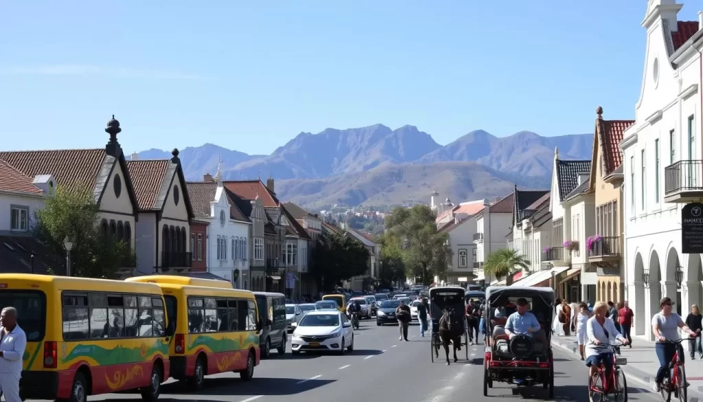 A bustling street scene in the historic town of Stellenbosch, South Africa, under a bright, azure sky. In the foreground, a variety of local transportation modes are showcased - from colorful minibus taxis and electric bikes to pedestrians and horse-drawn carriages. The mid-ground features charming Cape Dutch-style buildings, their facades adorned with intricate architectural details. In the background, the picturesque Drakenstein Mountains rise majestically, providing a stunning natural backdrop. The overall atmosphere conveys the vibrant, pedestrian-friendly nature of this renowned university town, blending modern mobility with timeless elegance.