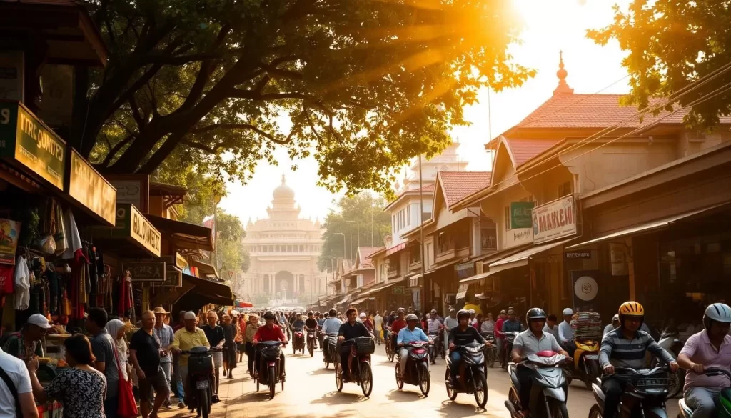 A bustling street scene on Malioboro Road in the heart of Yogyakarta, Indonesia. Vibrant shops and stalls line the bustling pedestrian walkway, offering an array of local crafts, street food, and souvenirs. Rickshaws and motorbikes weave through the lively crowds, creating a dynamic atmosphere. Warm sunlight filters through the canopy of trees, casting a golden glow over the scene. In the background, the iconic Yogyakarta Palace and Tugu Monument stand as landmarks, hinting at the city's rich cultural heritage. The overall mood is one of lively activity, immersing the viewer in the energetic spirit of Yogyakarta's historic center.