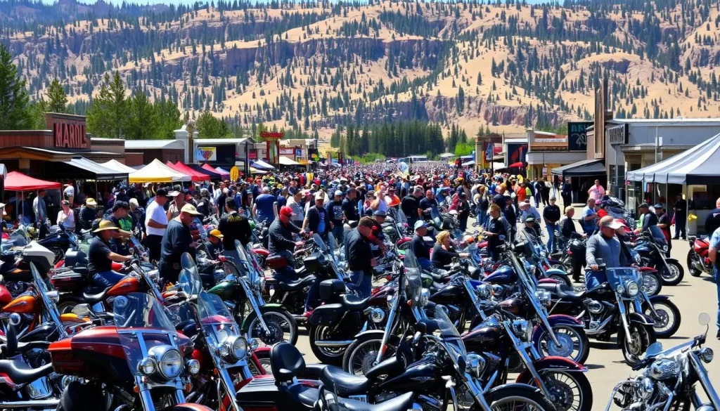 A bustling summer day at the Sturgis Motorcycle Rally, South Dakota. In the foreground, rows of gleaming motorcycles line the streets, their chrome and leather accents reflecting the warm sunlight. Crowds of riders, clad in riding gear, gather around the bikes, sharing stories and admiring each other's customizations. In the middle ground, the main street is alive with activity - vendors selling biker gear, live music spilling from nearby bars, and the roar of engines echoing through the air. The background reveals the picturesque Black Hills landscape, with rugged cliffs and pine-covered hills providing a striking natural backdrop to the vibrant festival scene. The overall mood is one of energy, camaraderie, and the pure joy of the open road.